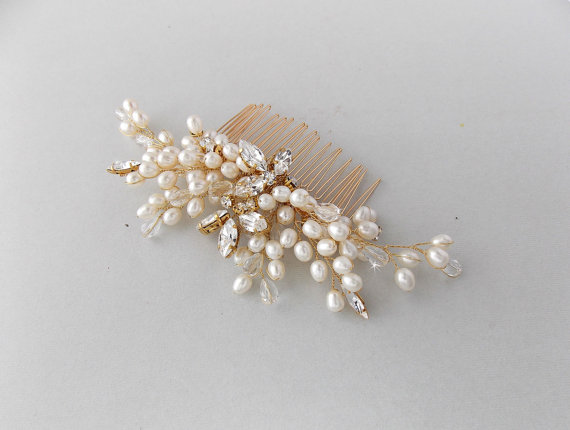 Hochzeit - Bridal Hair Comb, GOLD Leaf, Pearl Hair Comb, Wedding Hair Comb, Crystal Hair Comb, Swarovski Crystal, Bridal Headpiece, Wedding Headpiece
