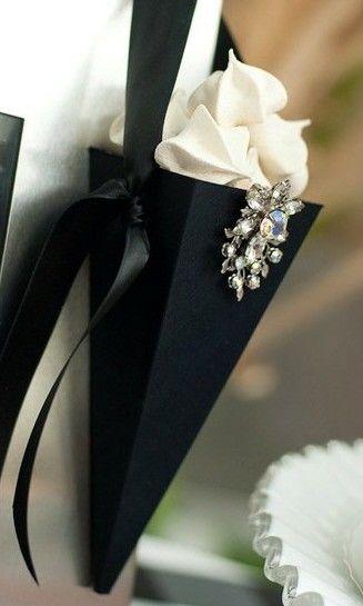زفاف - Small Elegant Black Floral / Treat / Gift Cone With Vintage Rhinestone / Aurora Borealis Accent. Customizable