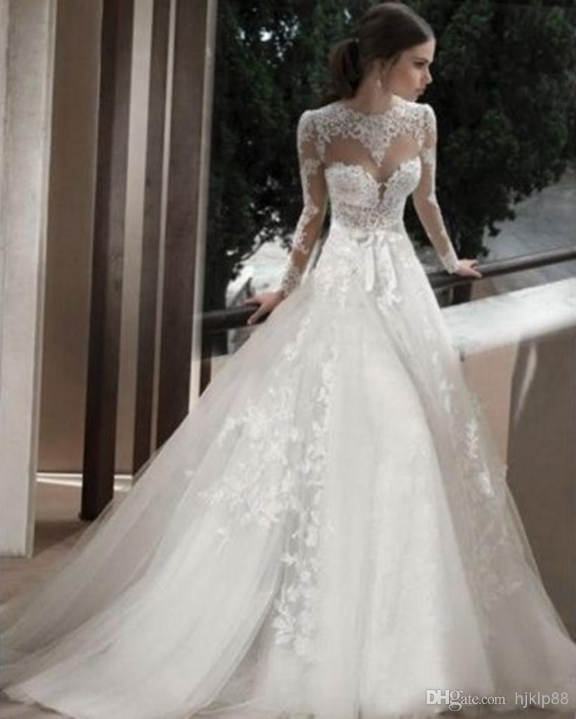 زفاف - 2014 Sheer Jewel Bridal Wedding Gowns with Long Sleeves Appliques/Lace Court Train Cathedral/Church Backless A-Line Wedding Dresses with Bow Online with $122.56/Piece on Hjklp88's Store 