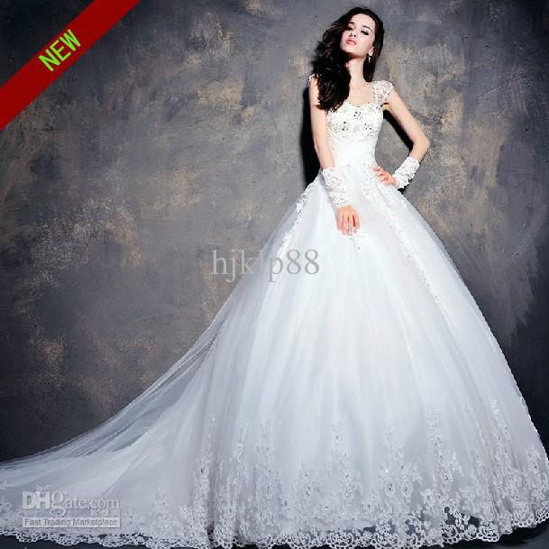 Mariage - 2014 New Luxury Crystal Beaded Sweetheart Cap Sleeve Applique Tulle Bridal Ball Gown A-line Chapel Train Cheap Sheer Wedding Dresses Online with $108.91/Piece on Hjklp88's Store 