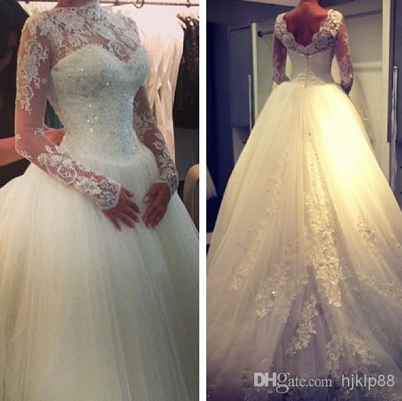 Mariage - New High Neck Lace Long Sleeves Beaded Ball Gown Elegant Princess Wedding Dress Applique Backless Court Train Tulle Wedding Gowns Dresses Online with $124.59/Piece on Hjklp88's Store 