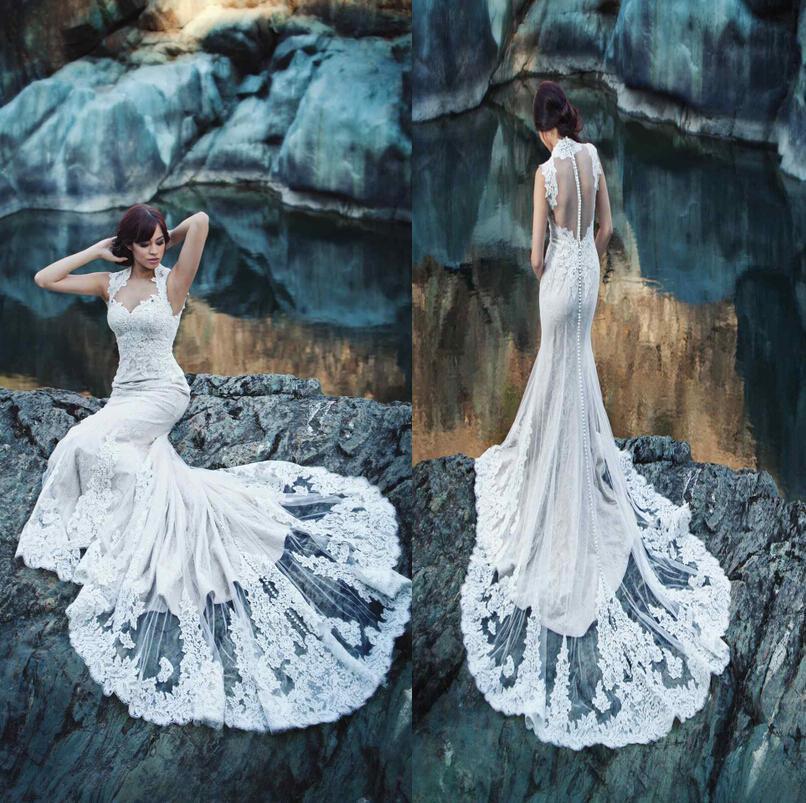 Свадьба - 2015 New Arrival Sheer Back Mermaid Wedding Dresses Vintage Lace Applique Tulle Miosa Couture Outdoor Bridal Gowns Backless Wedding Gowns Online with $124.98/Piece on Hjklp88's Store 