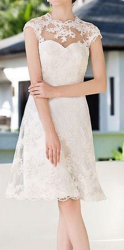 Mariage - A-line/Princess Plus Sizes Wedding Dress - Ivory Knee-length Jewel Lace