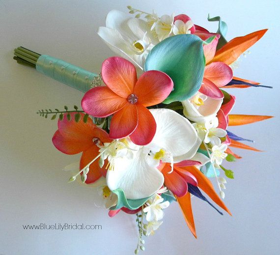 Hochzeit - Beach Bridal Bouquet In Coral, Aqua And Cream Made With Real Touch Callas, Orchids, Plumeria And Bird Of Paradise