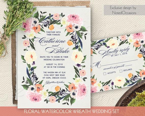 Свадьба - Watercolor Floral Wreath Wedding Invitation Printable Wedding Invitation Suite DIY digital RSVP Boho Wedding Set Rustic Country Calligraphy