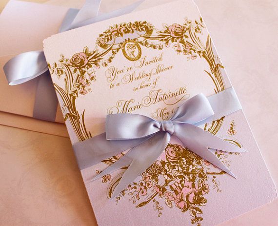 Mariage - Marie Antoinette Bleu Cameo Silhouette Wedding Or Event Invitations In Palest Of Blue And Gold With Hand Painted Pink Roses Invitations