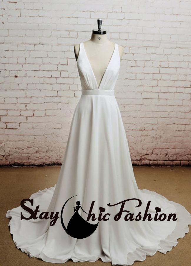 Wedding - Sexy Backless Deep V Neck A Line Satin White Bridal Formal Dress