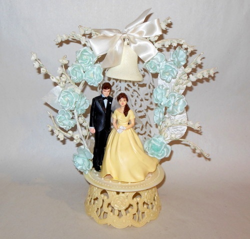 Wedding - Vintage Plastic 1970's Bride   Groom Wedding Cake Topper W Blue   White Flowers