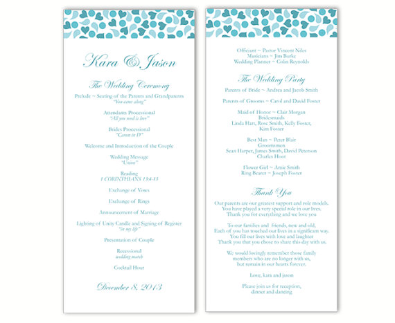 Свадьба - Wedding Program Template DIY Editable Text Word File Download Program Blue Wedding Program Heart Program Printable Wedding Program 4x9.25