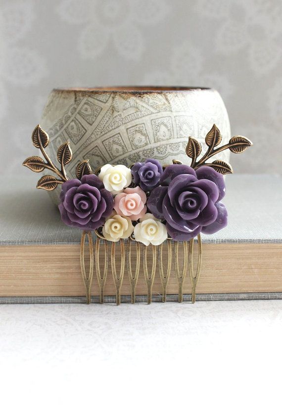 Wedding - Purple Flower Hair Comb Blush Pink Rose Comb Floral Collage Hair Accessories Bridal Hair Comb Bridesmaids Gift Purple Wedding Branch Comb