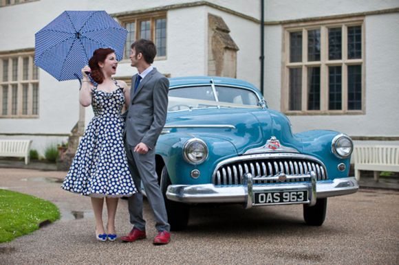 زفاف - Polka Dot Blue Wedding Dress And A Baby Blue 1948 Buick…