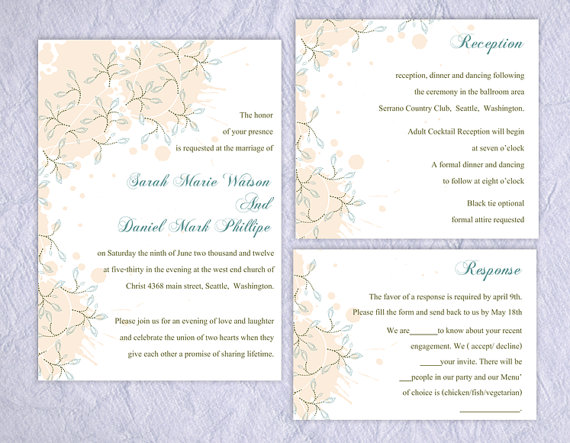 Свадьба - DIY Wedding Invitation Template Set Editable Text Word File Download Printable Peach Invitation Leaf Wedding Invitation Blue Invitations