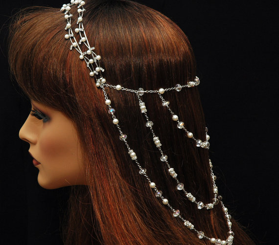 Hochzeit - Wedding Pearl Headpiece, Bridal Headpiece, The Great Gatsby HeadPiece, Crystal Chain Headpiece, 1920s Hair Piece