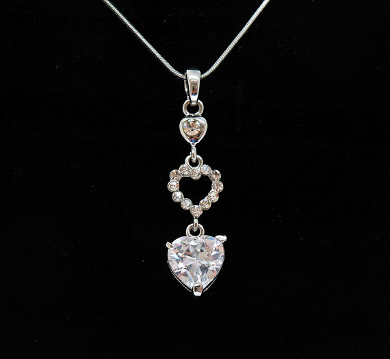 Hochzeit - Bridal Necklace, White Gold Plated Heart Cubic Zirconia Necklace, Wedding Dainty Pendant Necklace