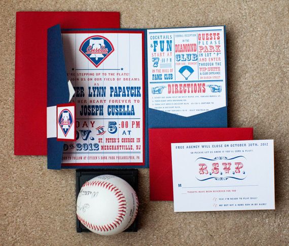 Hochzeit - Baseball Wedding Invitation - Sport Theme - Philadelphia Baseball Style Pocketfold - Philly Red White And Blue