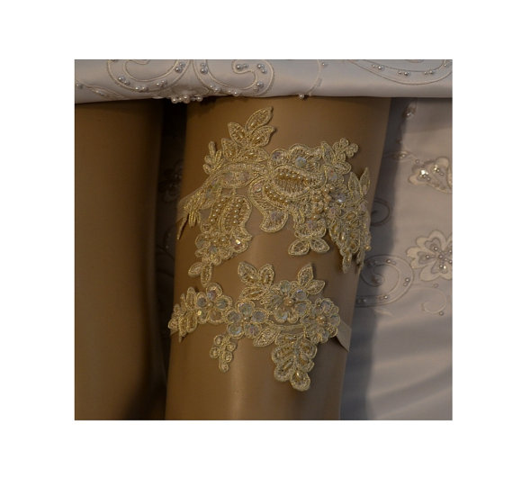 Wedding - Lace Wedding Garter Set, Unique Champagne Gold Beaded Lace Bridal Garter Set, Champagne Gold Lace Bridal Garter Set With Pearls And Sequins