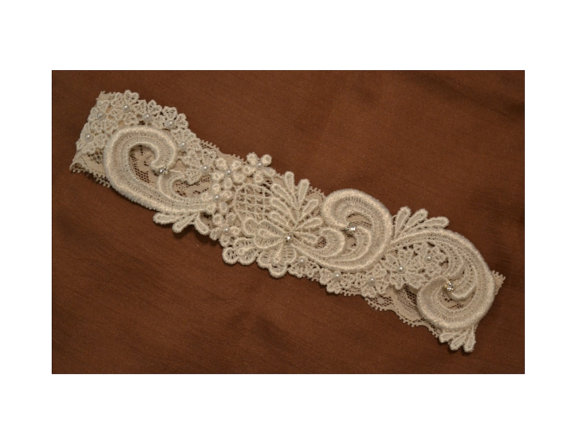 Hochzeit - Lace Wedding Garter, Unique Venice Lace Wedding Garter, Ivory or White Lace Bridal Garter With Pearls & Rhinestones, Vintage Style
