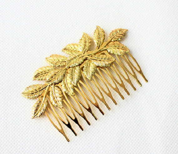 Wedding - 24k Gold Plated Leaf Wedding Comb, Bridal Head Piece, Gold Plated Leaf Headpiece, Gold Leaf Wedding Hair Comb, Grecian Leaf Bridal Comb