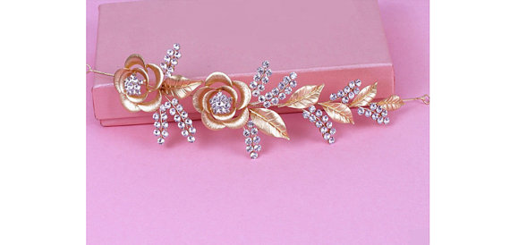 Свадьба - Gold Bridal Head Piece, Gold Plated Floral And Leaf Rhinestone Tiara, Unique Gold Plated Rhinestone Headpiece, Golden Flower & Leaf Headband