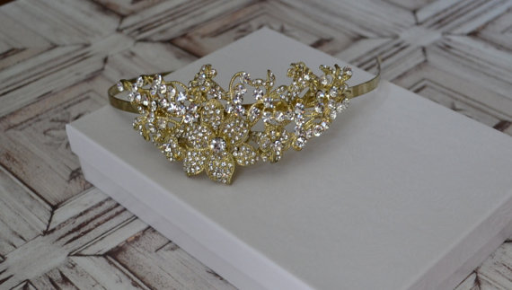 Wedding - Gold Wedding Headband, Gold Bridal Head Piece, 18K Gold Plated Flower & Leaf Austrian Rhinestone Crystal Tiara, Unique Gold Plated Headpiece