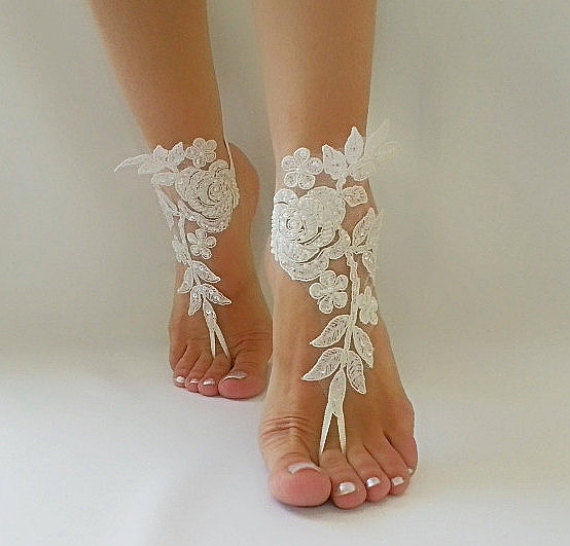 Hochzeit - ivory Barefoot , french lace sandals, wedding anklet, Beach wedding barefoot sandals, embroidered sandals.