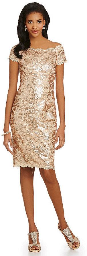 Hochzeit - JS Collections Sequined Lace Off-the-Shoulder Sheath Dress