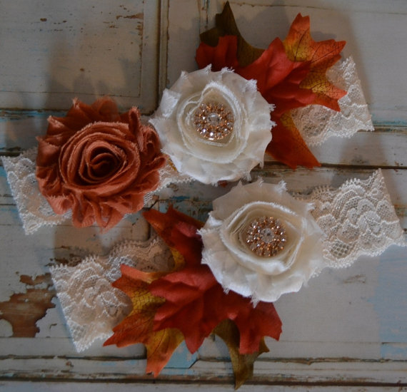 Wedding - Wedding Garter, Fall Wedding Garter Set, Unique Rustic Garter Set, Autumn Copper and Ivory Frayed Flowers and Fall Leaves Bridal Garter Set