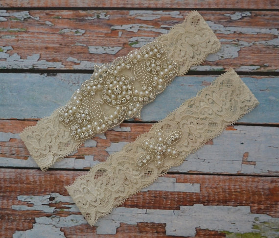 زفاف - Wedding Garter, Ivory Rhinestone and Pearl Wedding Garter Set, Elegant Ivory Stretch Lace with A Crystal Rhinestones & Pearl Applique