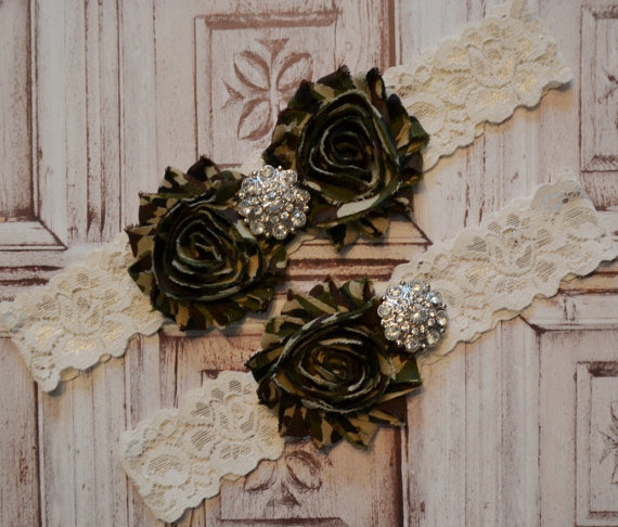 Hochzeit - Camouflage Wedding Garter Set, Ivory Stretch Lace, Camouflage Frayed Flowers & Rhinestone Embellishments, Rustic / Country Style Garter