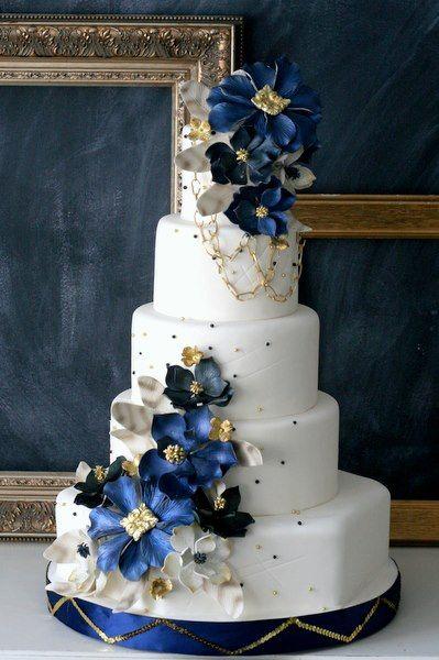 Wedding - White Blue Gold Wedding Cake