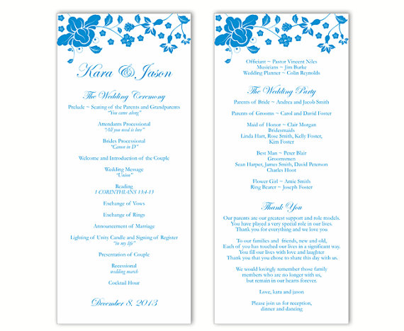 زفاف - Wedding Program Template DIY Editable Text Word File Download Program Blue Wedding Program Floral Program Printable Wedding Program 4x9.25