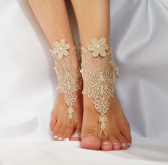 Hochzeit - Burlap rustic gold Barefoot Sandals french lace Nude shoes yoga anklet bangle zen boho bohemian modern nude shoe one finger shoe