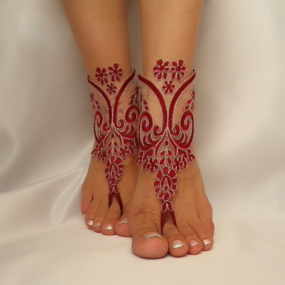 Mariage - Burgundy barefoot silver frame , french lace sandals, wedding anklet, Beach wedding claret red silver frame barefoot sandals, embroidered