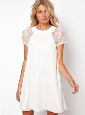 Wedding - White Lace Short Sleeve Chiffon Dress -SheIn(Sheinside)