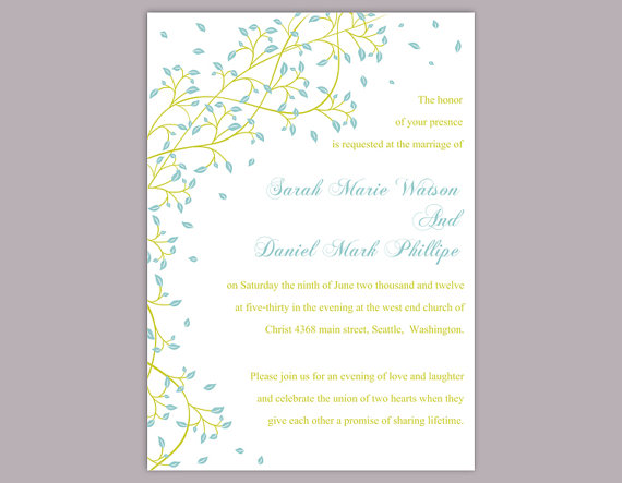 Свадьба - DIY Wedding Invitation Template Editable Text Word File Download Printable Green Invitation Leaf Wedding Invitation Blue Invitations