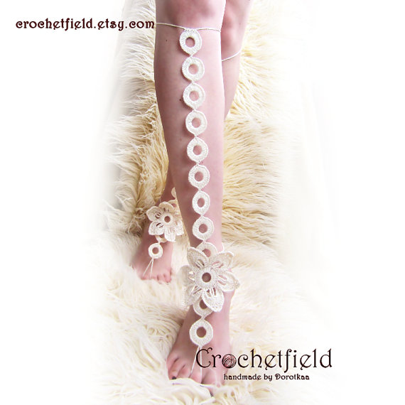 Wedding - Handmade crochet  EXOTIC flower crochet RINGS barefoot sandals, knee high, gladiator boots, long, lace, beach, pool, leggings, wedding, leg chain, leglet