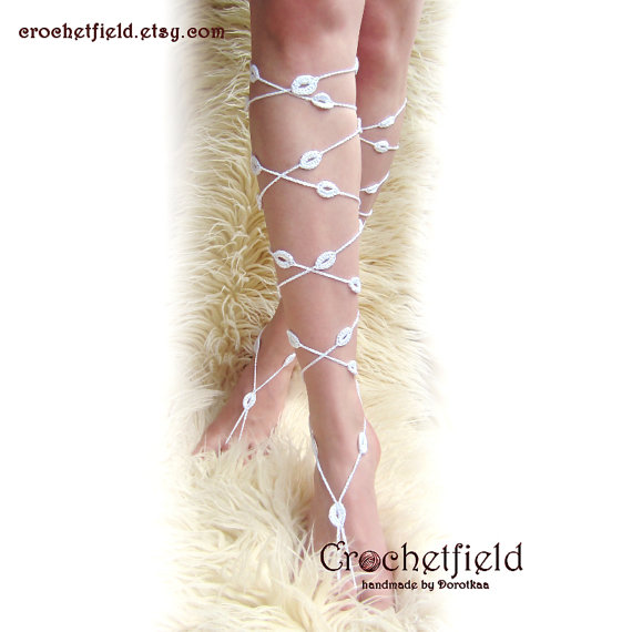 Hochzeit - Handmade crochet  OVALS Lace Up Barefoot Sandals, knee high, gladiator boots, long, beach, wedding, leg chain, arm, leglet, night out party, bracelet