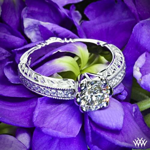 زفاف - 18k White Gold "Crescendo Hand Engraved Half-Bezel" Diamond Engagement Ring
