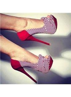 Wedding - $ 64.59 Peep Toe Red Stripe Stiletto Heel Platform Sandals