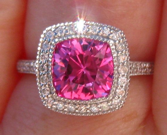 Свадьба - Pink Sapphire Engagement Ring, 2.3 Carat Hot Pink Chatham Sapphire In White Gold Milgrain Bezel Diamond Halo Engagement Ring
