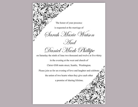 Wedding - DIY Wedding Invitation Template Editable Text Word File Download Printable Invitation Black Wedding Invitation Floral Invitation