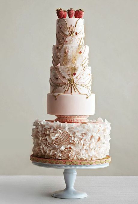 Hochzeit - Glamorous Five-Tiered Blush Wedding Cake