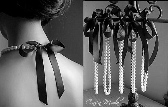 Wedding - Pearl Necklace Bridesmais Gifts White Swarovski Crystal Pearls With Black Satin Ribbon 18 Inches