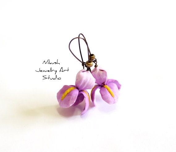 Wedding - Purple Iris Flower Earrings by Nikush Studio