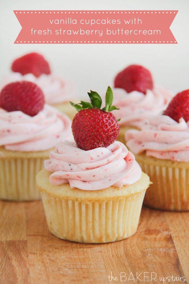 Hochzeit - Vanilla Cupcakes With Fresh Strawberry Buttercream