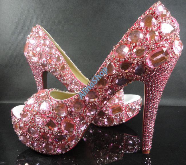زفاف - luxury pink swarovski crystal bridal wedding shoes-bling open toe heels