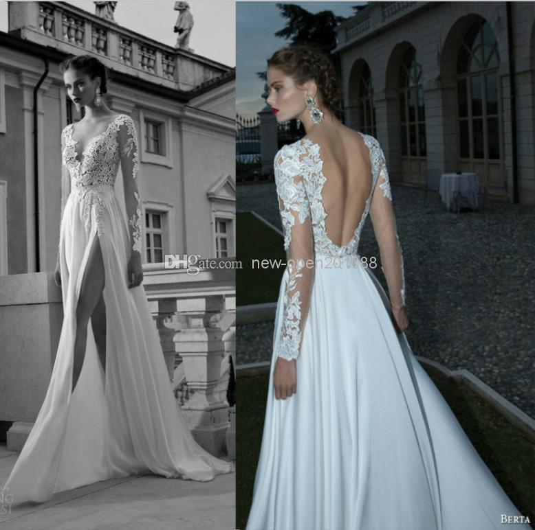 Mariage - 2014 Sexy Deep V-Neck V-back Backless Berta Long Sleeve Wedding Dresses Daring Slit at Side of Leg A-Line Floor Length Applique Bridal Gowns Online with $88.19/Piece on New-open201088's Store 