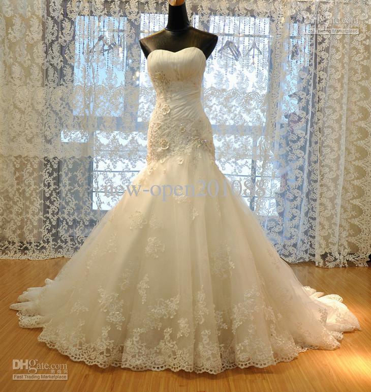 Wedding - 2012 New Wedding Dress Tulle Strapless Straight Neckline Lace Empire Bow Beaded Mermaid Bridal Gown Online with $91.23/Piece on New-open201088's Store 