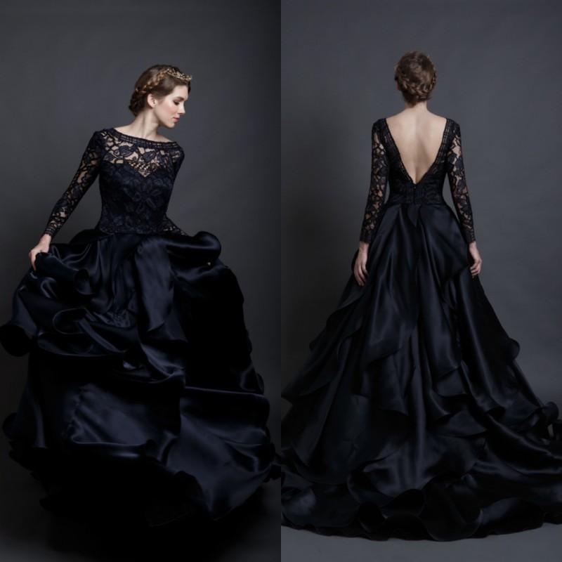 Charming Black Satin Wedding Dresses Long Sleeve Lace Illusion 2016