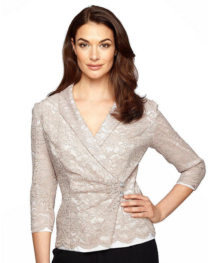Wedding - Alex Evenings Lace Shawl-Collar Ruched Blouse